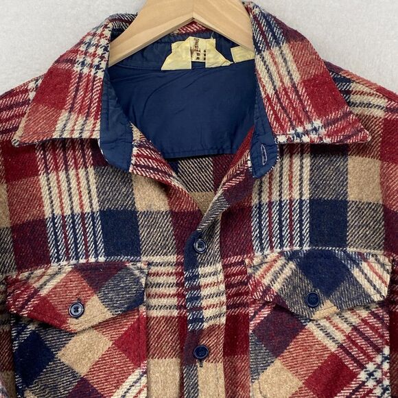 GIMBELS Shirt Mens L Wool Linen Blend Flannel Plaid Shacket Western Red Blue - Picture 4 of 11